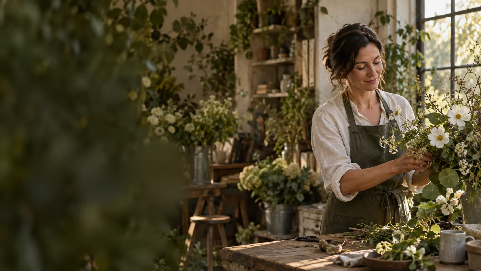 A florist arranging flowers in her sunlit studio