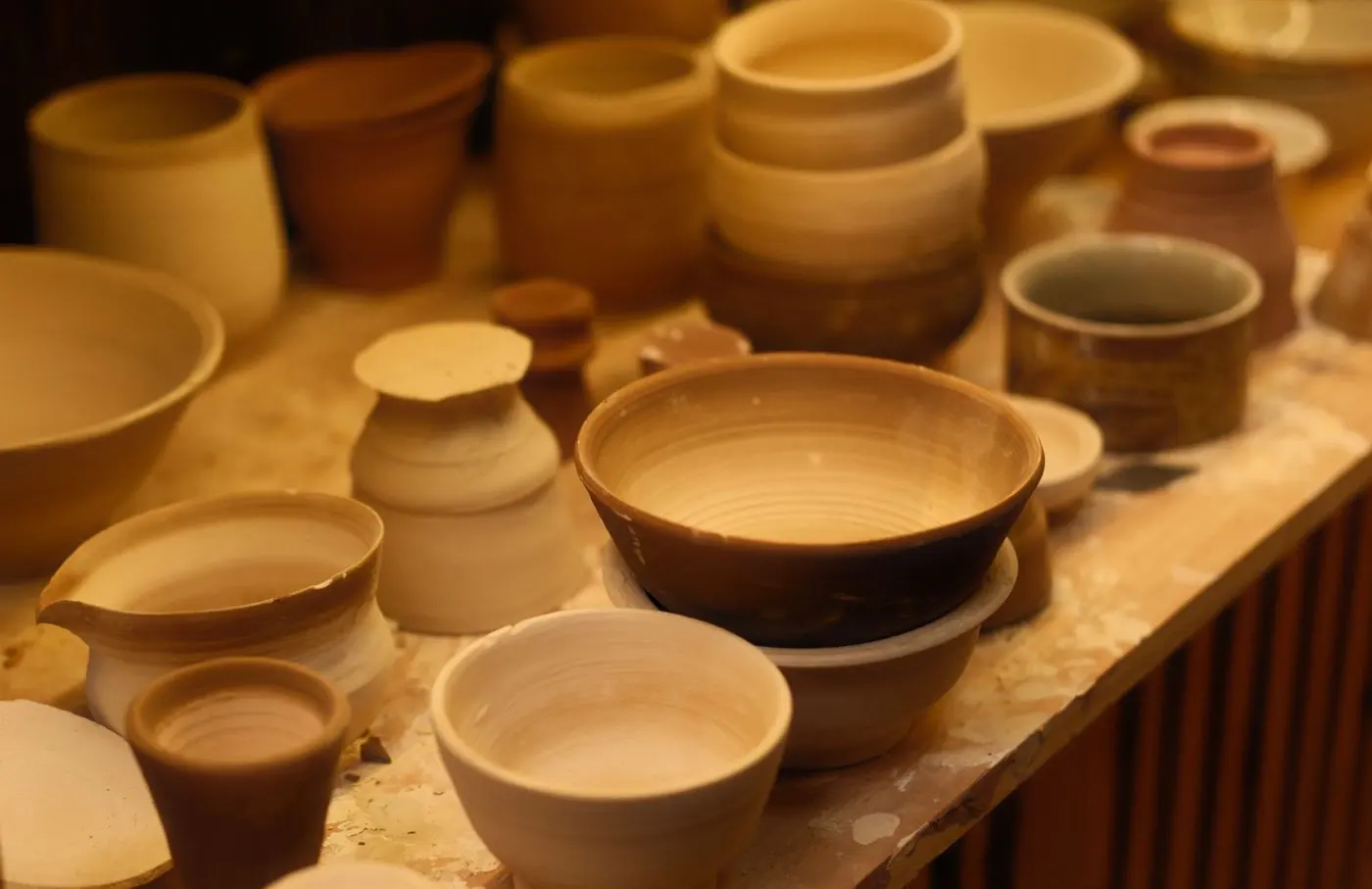 Handmade ceramic bowls in a pottery studio